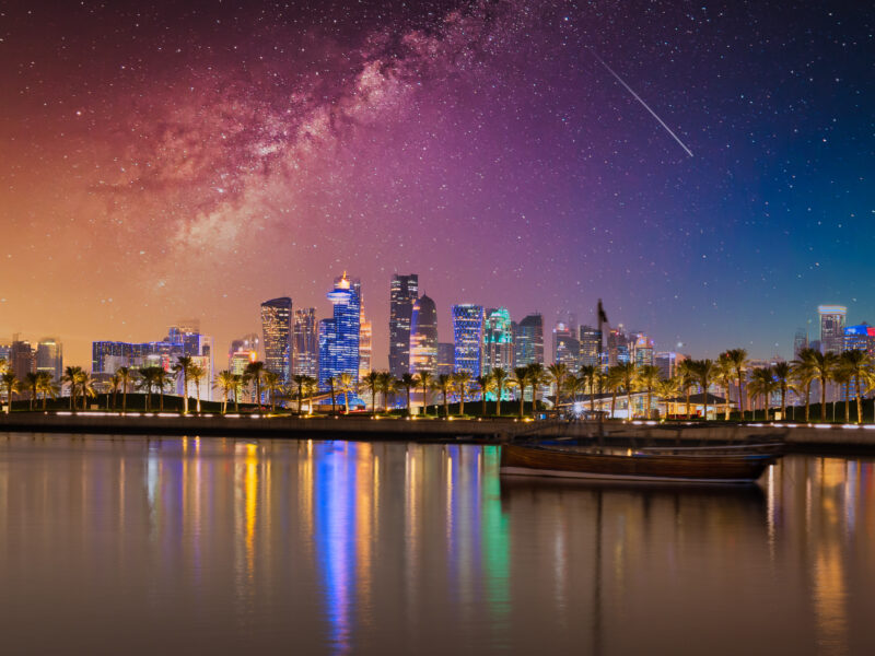 Doha,Qatar,Skyline,At,Night,Showing,Skyscrapers,Lights,Reflected,In