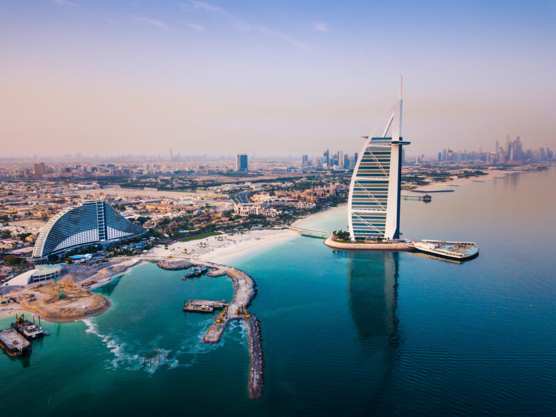 Burj,Al,Arab,Luxury,Hotel,And,Dubai,Marina,Skyline,In