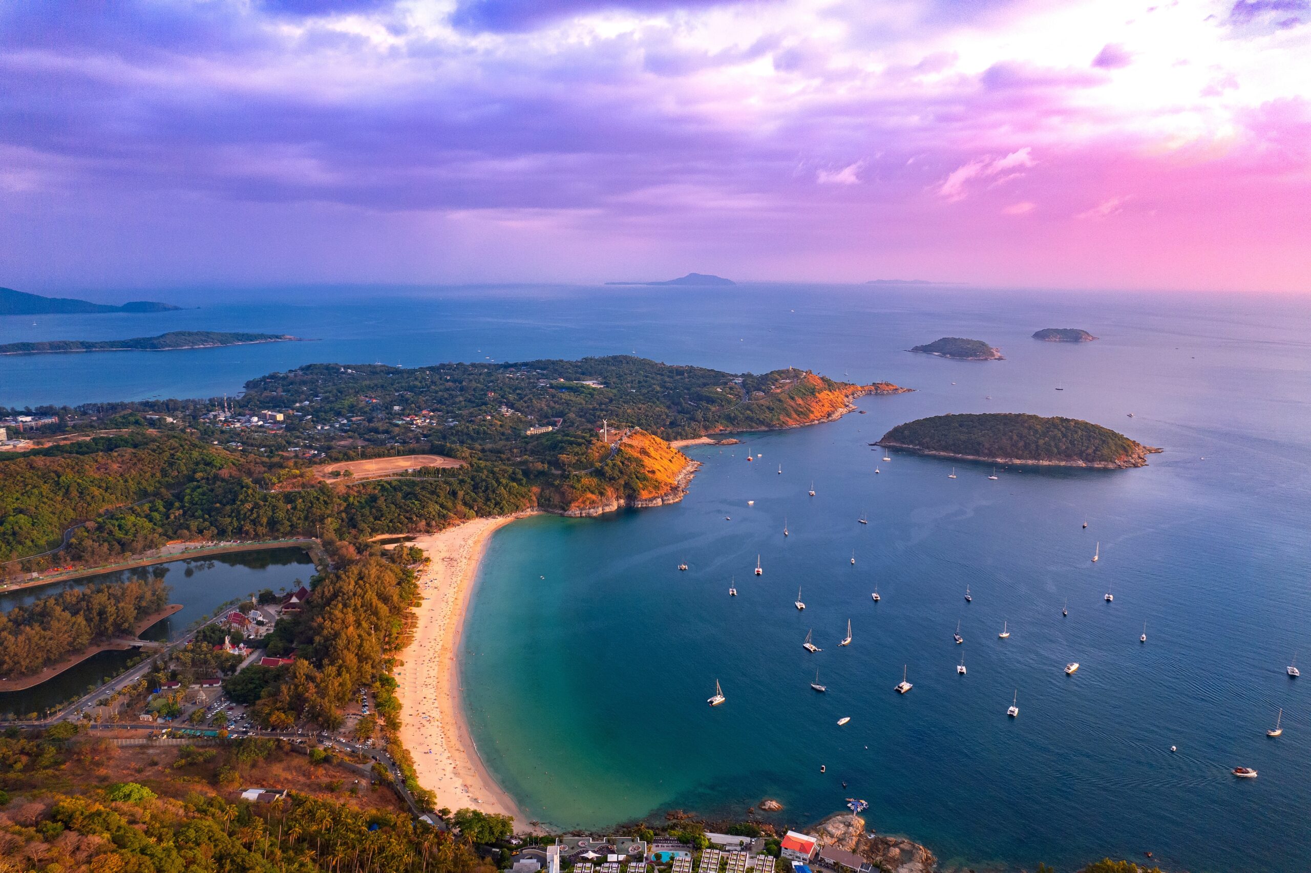 Aerial,View,Sunset,Landscape,Nai,Harn,Beach,And,Marina,With
