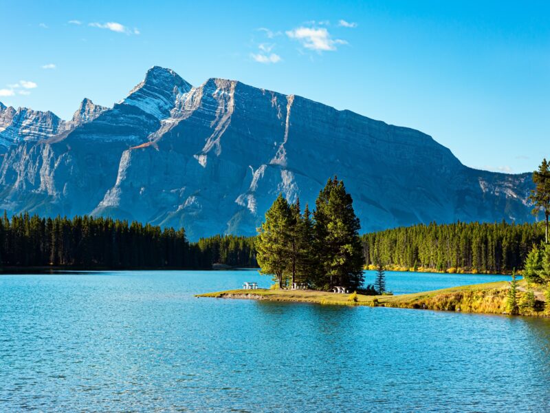 The,Famous,Rocky,Mountains,,Two,Jack,Lake.,Small,Picturesque,Island