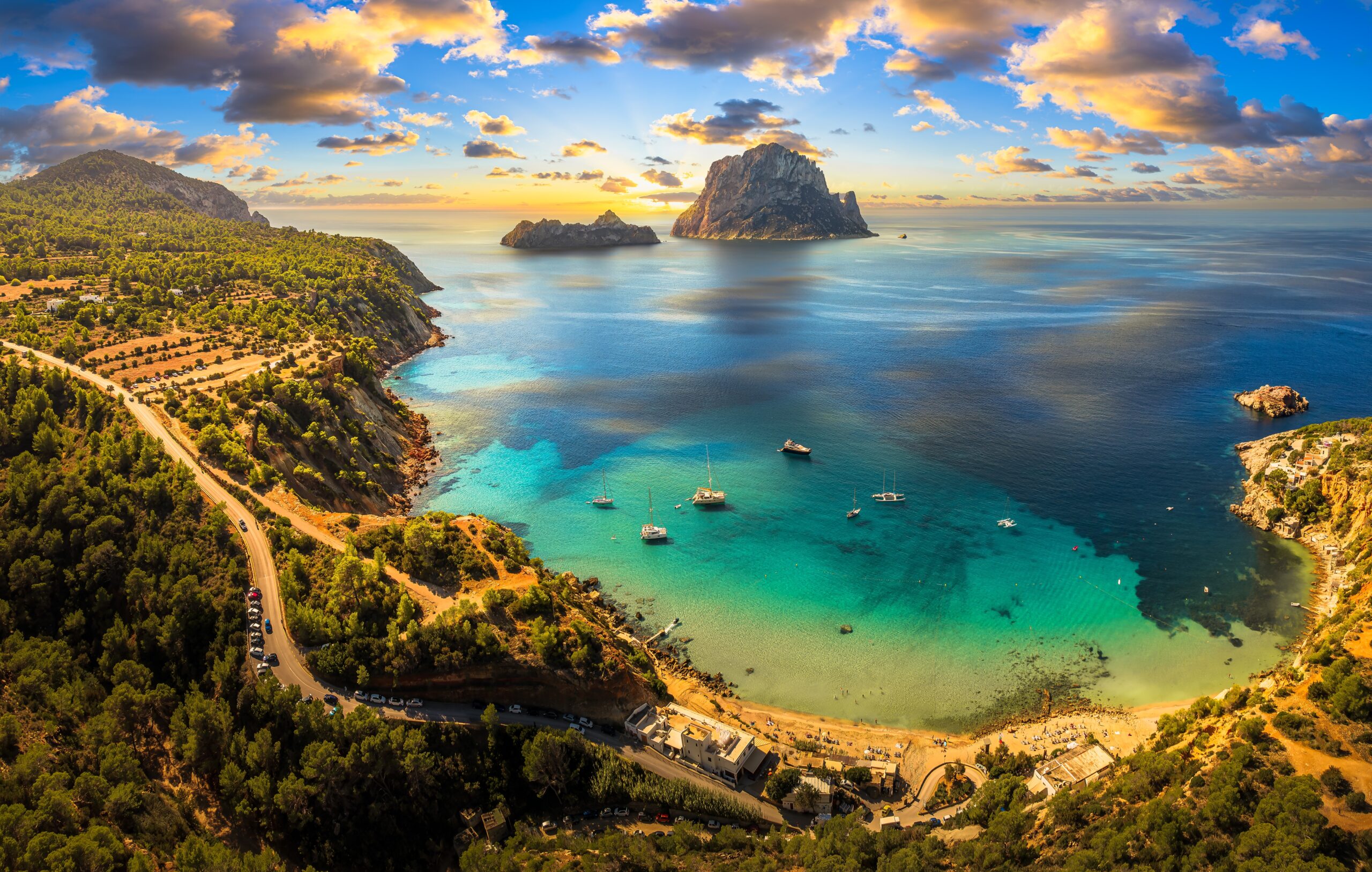 Aerial,View,Of,Cala,Dhort,Beach,In,Ibiza,,Featuring,The