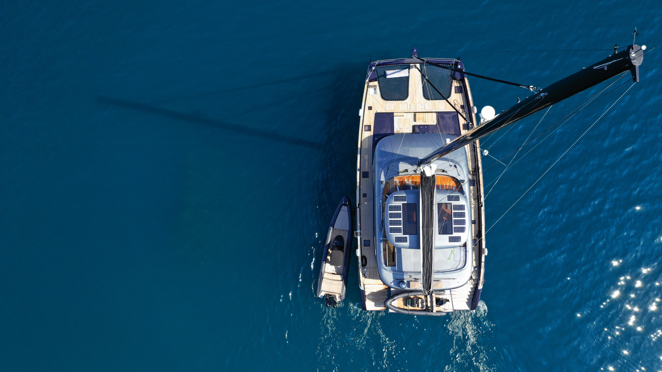 Aerial,Drone,Top,Down,Photo,Of,Luxury,Catamaran,Sailboat,Anchored